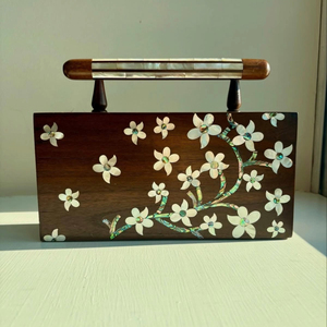 Handcrafted Wooden Floral Inlay Clutch <b>Bag</b> with Pearl Handle, Elegant Party <b>Evening</b> Handbag for Wedding & Special Occasions Gift - Product Image 2