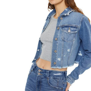 Women's Light Blue <b>Cropped</b> Distressed <b>Denim</b> <b>Jacket</b> Button Closure Long Sleeve Slim Fit Casual Jean <b>Jacket</b> Spring Autumn Wear - Product Image 2