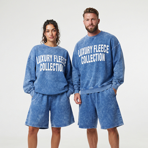 Ensemble unisexe sweat-shirt et short en molleton délavé à l'acide, col rond, imprimé lettres, survêtement ample, effet vintage - Product Image 1