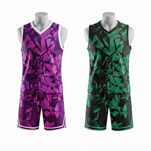 Ensemble uniforme de basketball sans manches à col en V sublimé vert du fabricant, en tissu maillé respirant 100 % polyester - Product Image 1