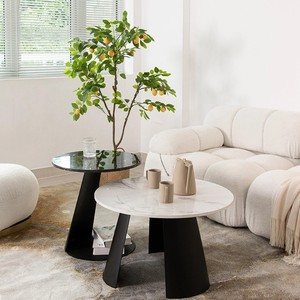 Modern <b>Round</b> Wood Top Coffee <b>Table</b> with Luxury Black Sculptural Base, Artistic <b>Side</b> <b>Table</b> for Upscale Hotel & Home Decor - Product Image 2