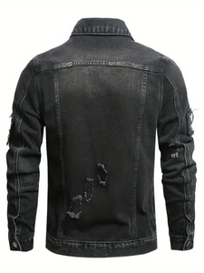 Men's Slim Fit Distressed <b>Denim</b> <b>Jacket</b> With Patches Punk Style Ripped Washed Black Button Front Coat Autumn Wear - Product Image 2
