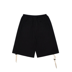 Custom Style Men's Black Casual Shorts With Criss-Cross Side <b>Lacing</b> <b>Elastic</b> Waist Mid Length Solid Color Design - Product Image 1