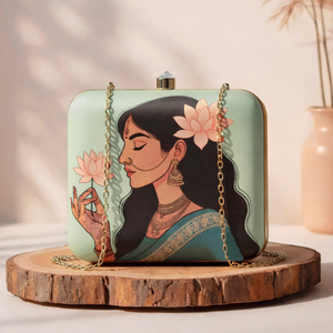 Designer Lotus Lady Printed Clutch Pastel Green Metal <b>Frame</b> Hard Case Satin Fabric Exterior Raw Silk Inner Crystal Stone Closure - Product Image 1