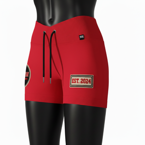 Short rojo premium de poliéster y spandex de 240 GSM con cintura cruzada acanalada y logo bordado. - Product Image 4