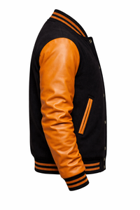 Men's Black <b>Wool</b> Varsity Jacket With Brown Leather Sleeves Button Front Turn-down Collar Casual Autumn Outerwear - Product Image 4