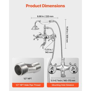 Rubinetto Vintage Cromato Lucido per Vasca da Bagno con Piedini a Artiglio, Miscelatore a Parete per Doccia e Vasca con Doccetta - Product Image 3