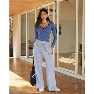 Women's Solid High Waisted <b>Baggy</b> <b>Joggers</b>; Breathable Wide Leg Sweatpants Knitted Athletic Pants for Casual Autumn - Product Image 2