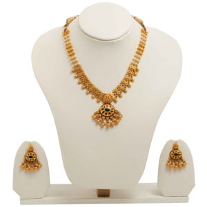 Ensemble de collier plaqué or style temple avec chaîne de perles, pendentif en pierre et boucles d'oreilles assorties, bijoux de mariage pour mariée - Product Image 1
