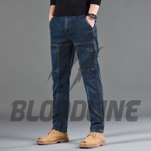 Jeans Cargo de Mezclilla Azul Oscuro para Hombre BLOODLINE, Corte Regular, Cintura Media, Algodón Lavado, Estilo Casual Otoñal - Product Image 4