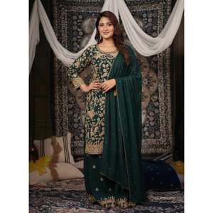 Nouvel arrivage : Ensemble Kurti en tissu Chinon avec Dupatta et Plazzo, orné de broderies semi-perles de créateur – Tenue ethnique élégante - Product Image 1