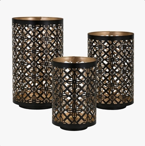 Porte-bougies cylindriques en métal noir et or, découpés en treillis, lanternes votives pour la décoration de table moderne à la maison - Product Image 1