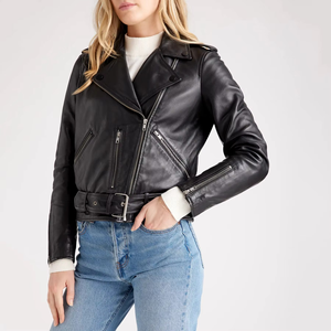 Women's <b>Genuine</b> Leather Moto Jacket Solid Color Slash Neck Zipper Closure Full Sleeve Regular Fit Autumn Wear - Product Image 5