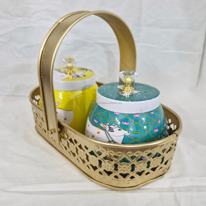 Custom Printed Enamel Metal Storage <b>Canister</b> Jars with Brass Gold Basket Tray Diwali Gift <b>Set</b> Manufacturer Cow Pichwai Design - Product Image 6
