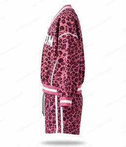 Conjunto de 2 Piezas para Mujer, Estampado de Leopardo Rosa, Cuello en V, Suéter y Pantalones Cortos, Corte Holgado, Deportivo, Tejido de Poliéster, Por Encima de la Rodilla, Primavera Verano - Product Image 5