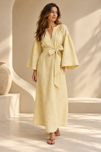 Cotton Linen Blend <b>Maxi</b> <b>Dress</b> for Women Solid Light Yellow V Neck Kaftan Style Bell Sleeve Belted Casual Daily Wear - Product Image 3