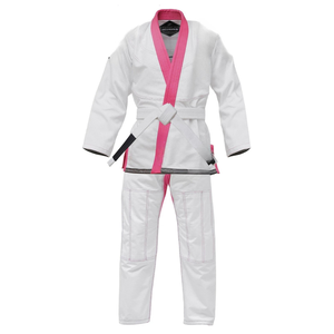 Kimono Blanco de BJJ con Ribete Rosa y Cinturón Blanco para Adultos, Unisex, Corte Regular, Ropa de Artes Marciales de Algodón Resistente - Product Image 1