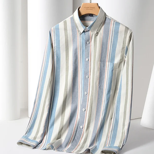 Chemise décontractée pour homme, idéale printemps-été, 100 % coton, rayures teintes en fil, respirante, séchage rapide, manches longues, tissage Oxford - Product Image 2