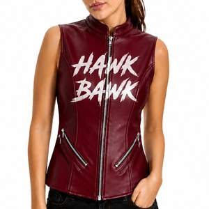 <b>Women</b>’s Leather Vest <b>Jacket</b> <b>Sleeveless</b> Style Front Zipper Closure Side Pockets Hawk Bawk Print Moto Style Design Side Zip Pocket - Product Image 1