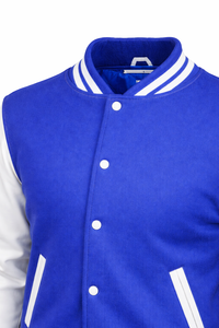 <b>Men's</b> Blue <b>White</b> Varsity <b>Jacket</b> Preppy Style Turn-down Collar Genuine Leather Button Front Regular Fit Breathable Windproof - Product Image 6