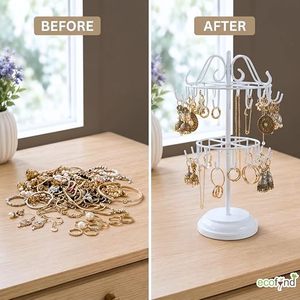 แท่นโชว์เครื่องประดับแบบหมุนได้สีขาวพร้อมตะขอหลายอันสำหรับสร้อยคอและต่างหูสไตล์โมเดิร์นขนาดเดียว - Product Image 5