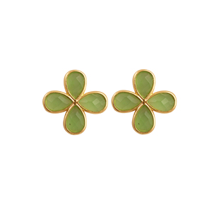 Boucles d'oreilles clous fleur en préhnite verte - Boucles d'oreilles clous délicates plaquées or 18 carats motif trèfle à quatre feuilles - Bijoux faits main en pierre précieuse taille poire R - Product Image 2