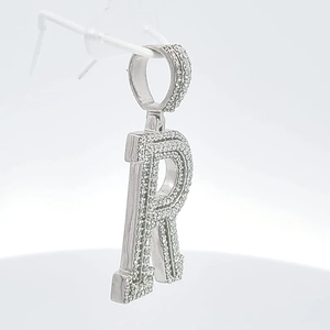 Platinum/Silver Plated Alloy Letter R Pendant Brilliant Cut Diamond <b>Micro</b> Pave Vintage Engagement IGI Certified Unisex Charm - Product Image 2