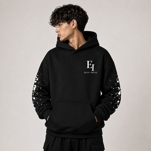 Sudadera con Capucha para Hombre, Personalizada, Negra, de Invierno, 100% Algodón, Estilo Holgado, con Pedrería, Forro Polar - Product Image 3
