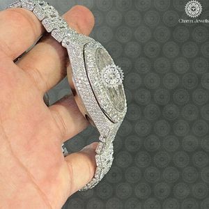 Charm Jewells Montre de luxe pour hommes en acier inoxydable avec chronographe incrusté de diamants, analogique à quartz, boîtier rond de 42 mm, fermoir pliant - Product Image 6