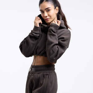 Women's <b>Brown</b> Cropped Hoodie Solid Color <b>Long</b> <b>Sleeve</b> Casual Hooded <b>Top</b> 100% Cotton Knitted Breathable Autumn Wear - Product Image 4