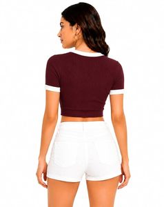 T-shirt court côtelé pour femme |   T-shirt court décontracté à col rond et manches courtes pour femmes et filles - Product Image 2