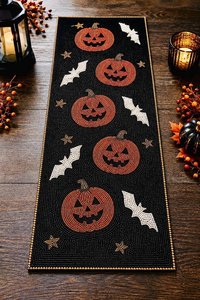 Halloween Fabric Table <b>Runner</b> Rectangle <b>Black</b> With Pumpkins Bats And Stars Handmade Novelty Design Mats Pads - Product Image 4