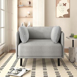 Chaise longue vintage grigia da 39 pollici in poliestere, comoda poltrona decorativa con struttura in legno massello e gambe in acciaio per soggiorno - Product Image 2