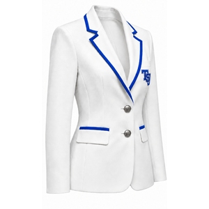 Chaqueta Blazer Blanca Personalizada para Mujer con Ribete Azul Rey, Logotipo Bordado, Uniforme Escolar, de Sororidad, Corporativo, OEM - Product Image 3