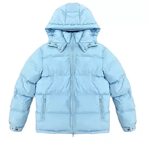 Wholesale Winter <b>Men</b> Women Light Blue Hooded Puffer Jacket Windproof Waterproof Thick Bubble Coat Warm Quilted Parka Outerwear - Product Image 1