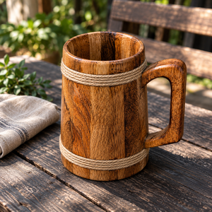 Chope en bois artisanale avec poignée latérale et lanière, finition polie, style rustique vintage, pour café, bière, cadeaux de fête - Product Image 1