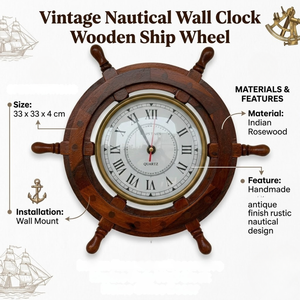 Vintage Nautical <b>Ship</b> <b>Wheel</b> Wall Clock | Handmade Indian Rosewood Marine Style Wooden Wall Clock | Luxury Coastal Home Decor - Product Image 2