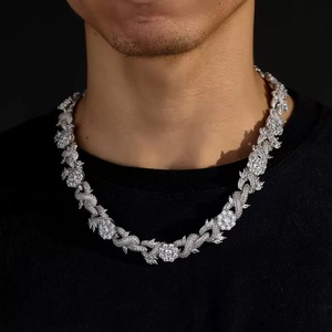 <b>Mens</b> Moissanite Floral Necklace 925 <b>Silver</b> Iced Out Flower Link <b>Chain</b> Lightweight Hip Hop Premium Luxury Statement Jewelry - Product Image 1