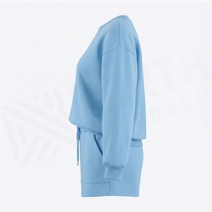 Conjunto de 2 Piezas para Mujer, Sudadera y Pantalones Cortos de Punto Azul Sólido, Cuello Redondo, Corte Holgado, Estilo Casual, Largo por Encima de la Rodilla, Primavera Verano - Product Image 3