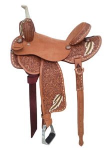 Selle de baril western sur mesure haut de gamme en cuir de buffle, avec arceau en fibre de verre, finition rugueuse, motifs floraux, plumes et peinture, pré-tournée - Product Image 1