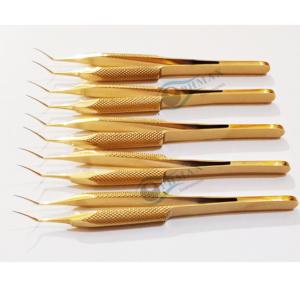 Pinzas de Capsulorrexis Utrata de Acero Inoxidable con Recubrimiento Dorado y Mango Redondo Moleteado, Instrumento Quirúrgico Oftalmológico - Product Image 1