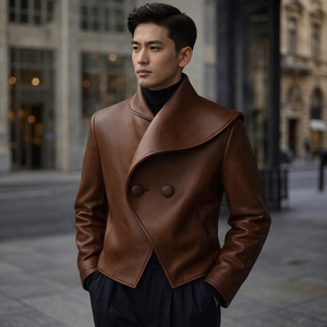 Men's Brown Genuine Leather Double Breasted <b>Jacket</b> Turn-down Collar Slim Fit Windproof Winter Outerwear <b>Smart</b> Casual - Product Image 1