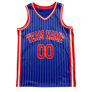 Ensemble uniforme de basket rétro personnalisé à rayures bleues, maillot et short avec bordure de texte rouge et blanc, design rétro avec nom et numéro de l'équipe - Product Image 3