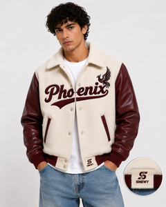 Phoenix Embroidered Varsity <b>Jacket</b> Men's <b>Fleece</b> Lined PU Leather Sleeve Winter Preppy Style <b>Thick</b> Coat - Product Image 4
