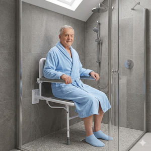 Siège de douche mural pliable réglable en hauteur avec dossier et accoudoirs rembourrés, robuste, capacité 190 kg, équipement de sécurité pour salle de bain - Product Image 5