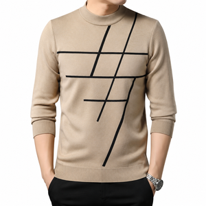 Pull-over pour homme en beige à motif géométrique, manches longues, tricoté, pour l'automne, anti-boulochage - Product Image 2