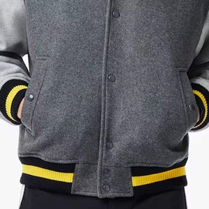 Men's Gray Wool Blend Varsity Jacket With Yellow Trim Regular Fit Casual Autumn Wear - Product Image 3
