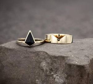 Black Onyx Ring Kite Shape Ring Set Of 2PCS 925 Sterling <b>Silver</b> 14K Gold Plated Wedding Engagement Ring - Product Image 5