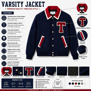 New Arrivals Men's Navy Varsity Jacket Front <b>Red</b> T Applique Embroidered Patch Soft <b>Wool</b> Fit Custom Color Premium Windproof - Product Image 6
