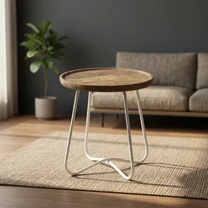 Iron Wooden Tray <b>Table</b> <b>Round</b> Rustic Wood Serving Side <b>Table</b> Modern Accent Furniture Living Room Furniture - Product Image 6